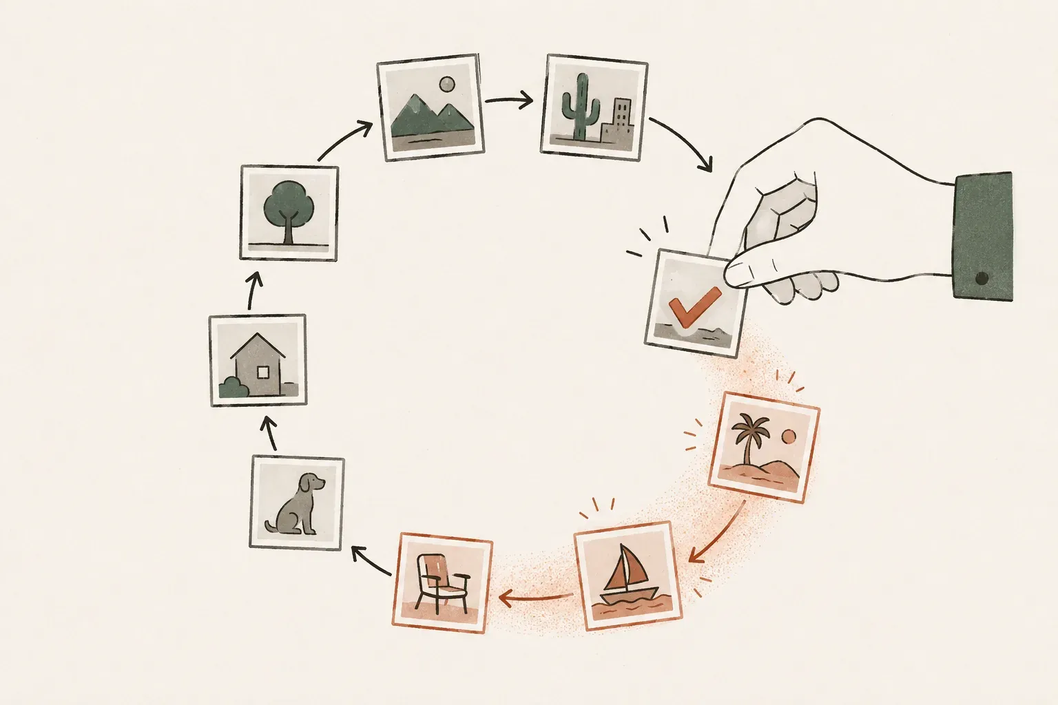 Illustration of a ring of small image tiles connected by arrows, like a conveyor going around. A hand reaches in and stamps one tile with a terracotta checkmark, and that colour spreads to the neighbouring tiles on the loop.