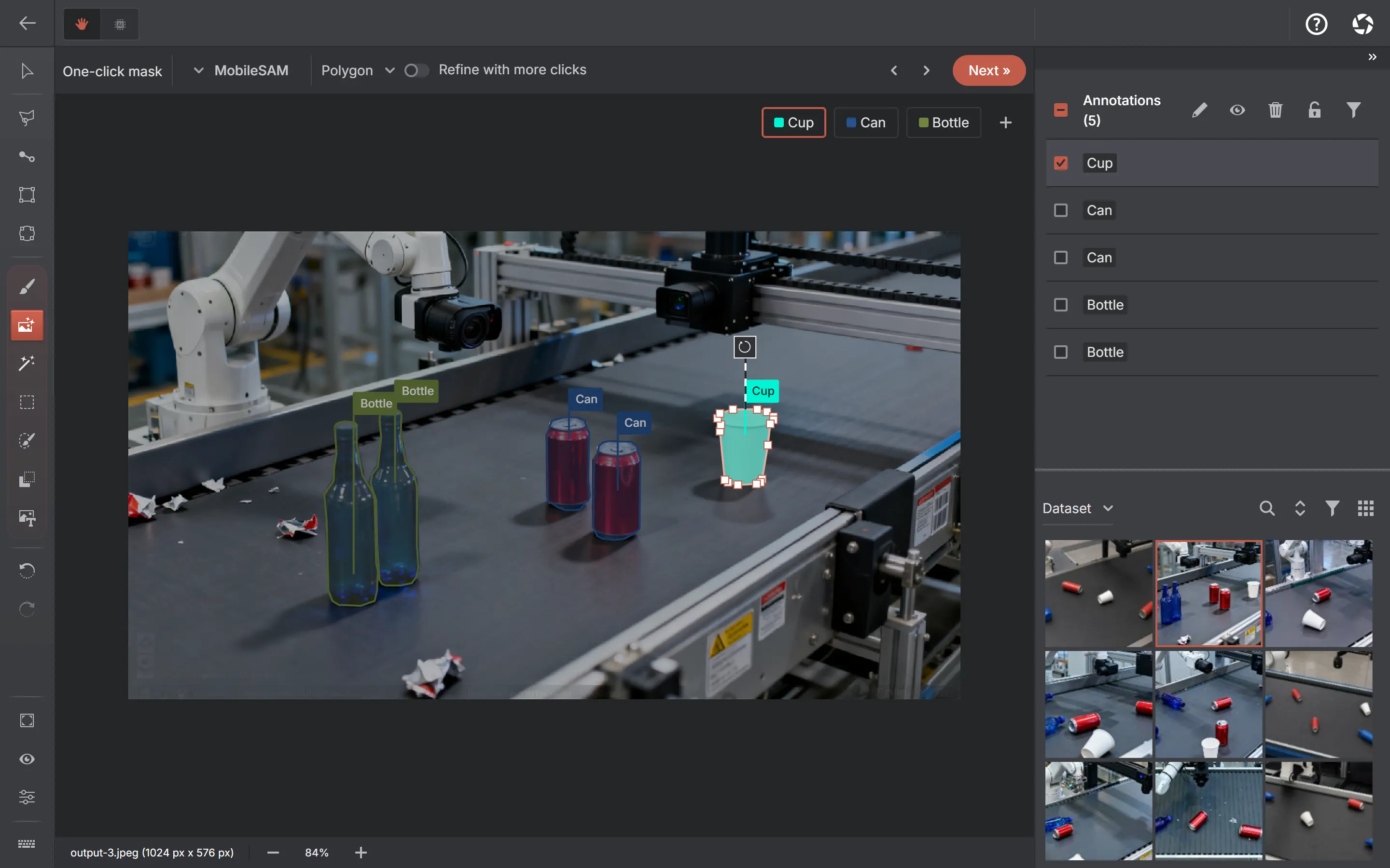 The AnnotateIt instance-segmentation editor: MobileSAM with polygon output, labelled bottles, cans and a cup on a conveyor belt, the annotations panel and dataset thumbnails.