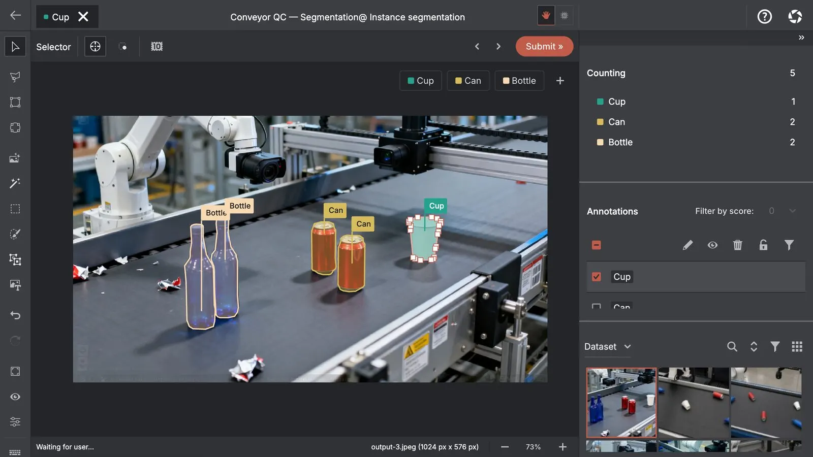 The AnnotateIt annotator with an instance-segmentation project open: segmented bottles, cans and a cup on a conveyor belt, label chips above each object, a counting panel and the dataset film strip.