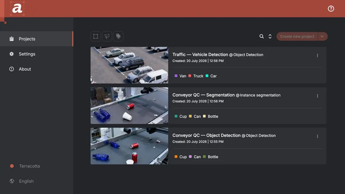 AnnotateIt project workflow: the media gallery and annotator views used to import, annotate and export a dataset.