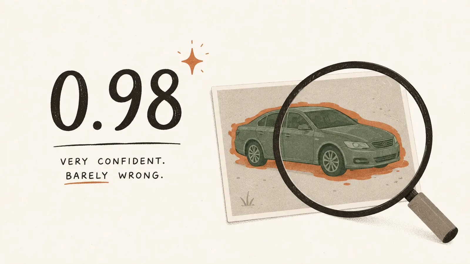 Illustration of a large hand-lettered “0.98” with a proud sparkle and the words “very confident, barely wrong.” A magnifying glass held over a photo of a green car reveals that the segmentation mask has spilled messily off the car onto the background around it.
