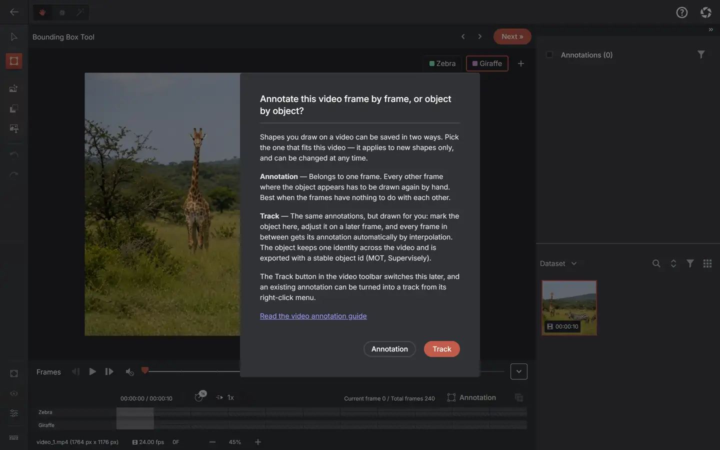 AnnotateIt video annotation with a manually placed keyframe box, interpolated frames and a corrected keyframe. This demonstrates interpolation, not automatic model tracking.