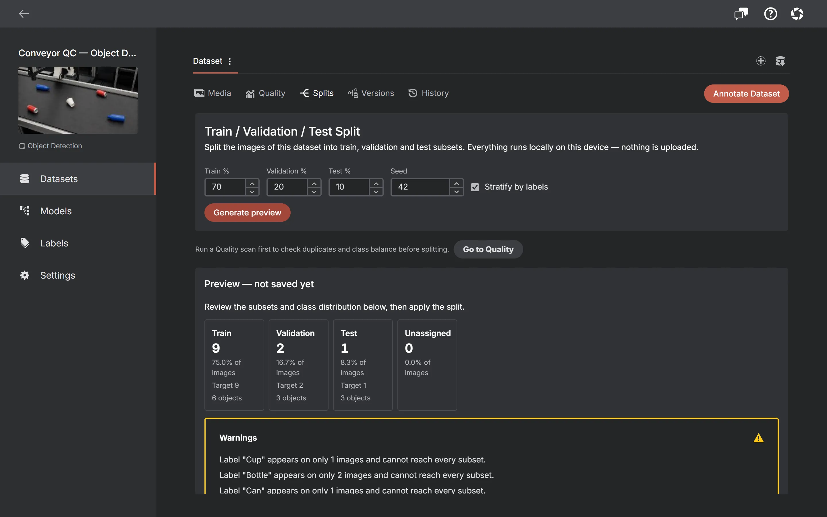 The AnnotateIt Splits tab: train, validation and test percentage fields with a seed and a stratify switch, and an unsaved preview showing the image count per subset.