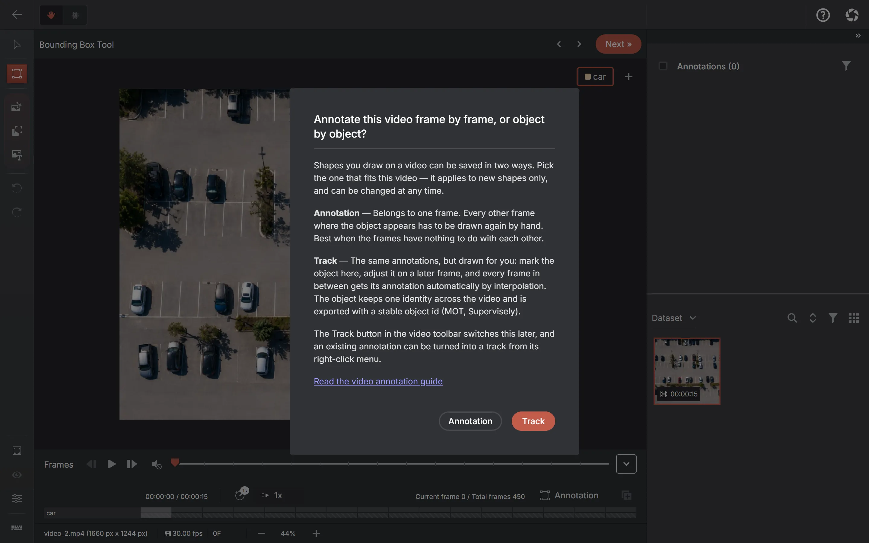 The AnnotateIt editor with a dialog asking whether to annotate this video frame by frame or object by object, offering Annotation and Track.