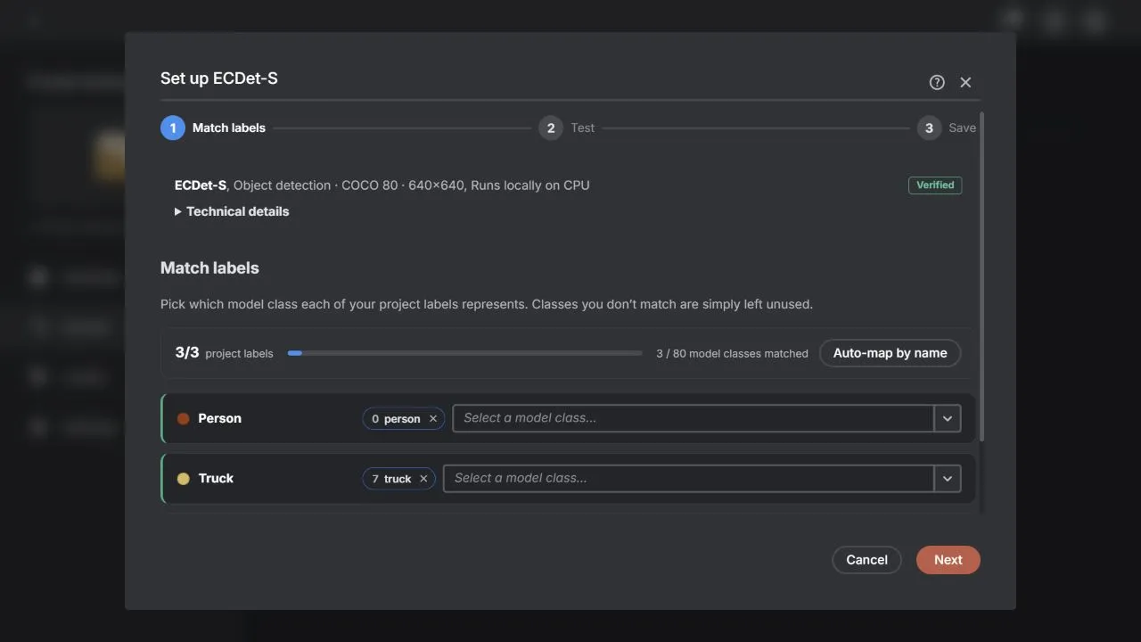The curated setup dialog titled "Set up ECDet-S" on the Match labels step, with Test as the remaining step. A summary line reads "ECDet-S, Object detection · COCO 80 · 640×640, Runs locally on CPU", and the project labels Person and Truck are being matched to model classes.