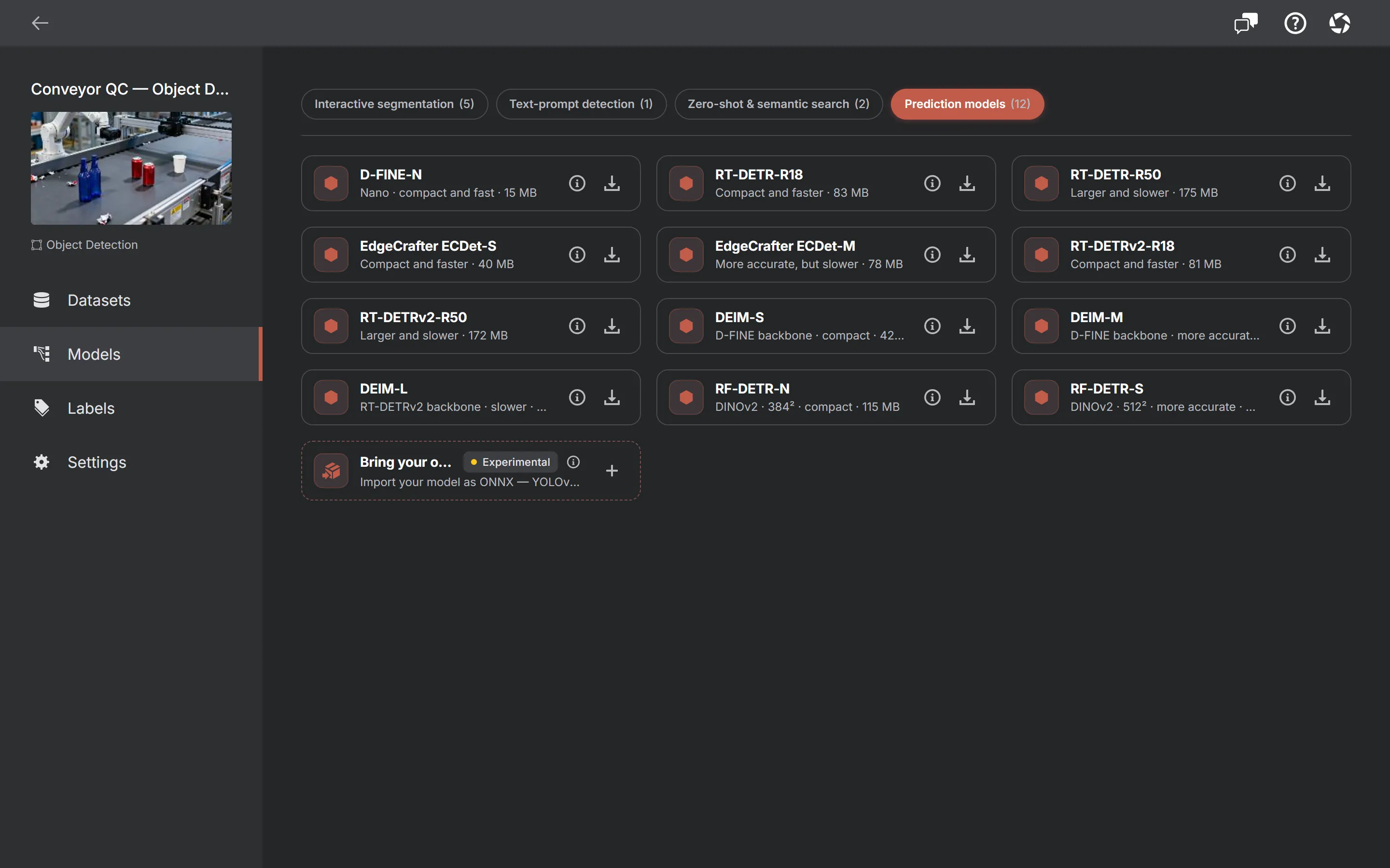 A project’s Models tab with the Prediction models category selected, showing an EdgeCrafter ECDet family card: an "S — Recommended" variant marked Downloaded with a "Set up in this project" button, and an "M — Higher capacity" variant with a Download button.