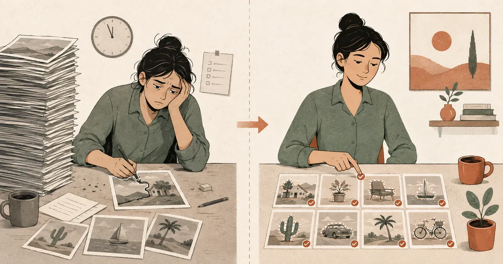 Illustration split down the middle. On the left, in cool greys, a tired annotator hunches over a desk hand-tracing the outline of a single photo beside a towering stack of unlabelled images. On the right, in warm tones, the same person sits back relaxed and taps a checkmark on a neat grid of images the machine has already outlined.