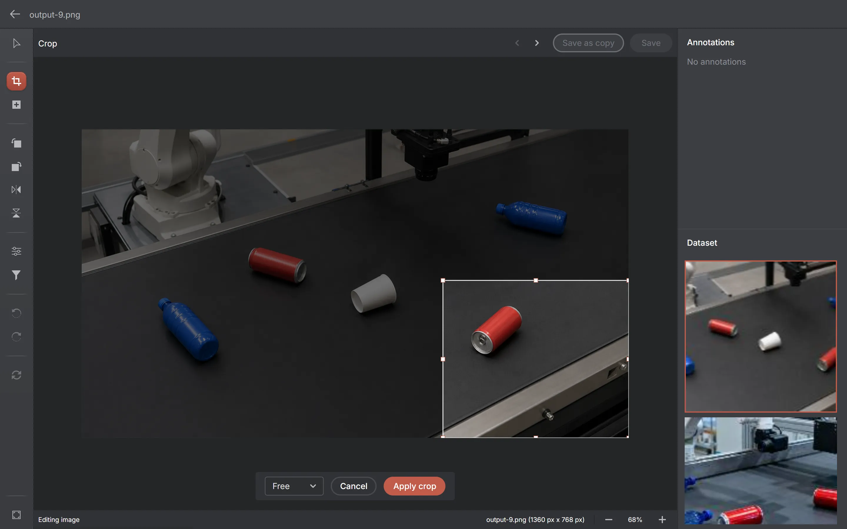 The AnnotateIt image editor with the Crop tool active: a crop rectangle over the photo, the area outside it dimmed, and an aspect-ratio picker with Cancel and Apply crop.
