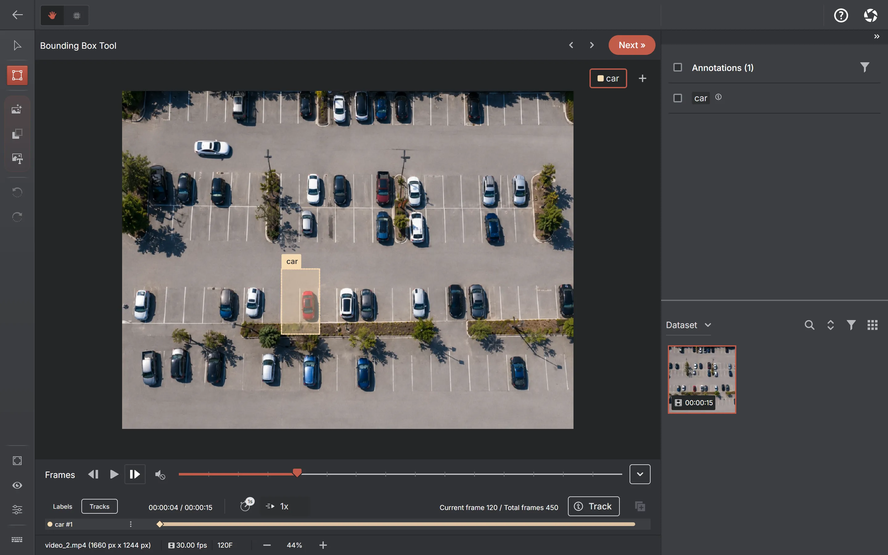Frame 120 of the video: the car box is drawn with a dashed outline, the toolbar shows the Track mode indicator, and the timeline below has one track row named car #1 with a single keyframe diamond at frame 0.