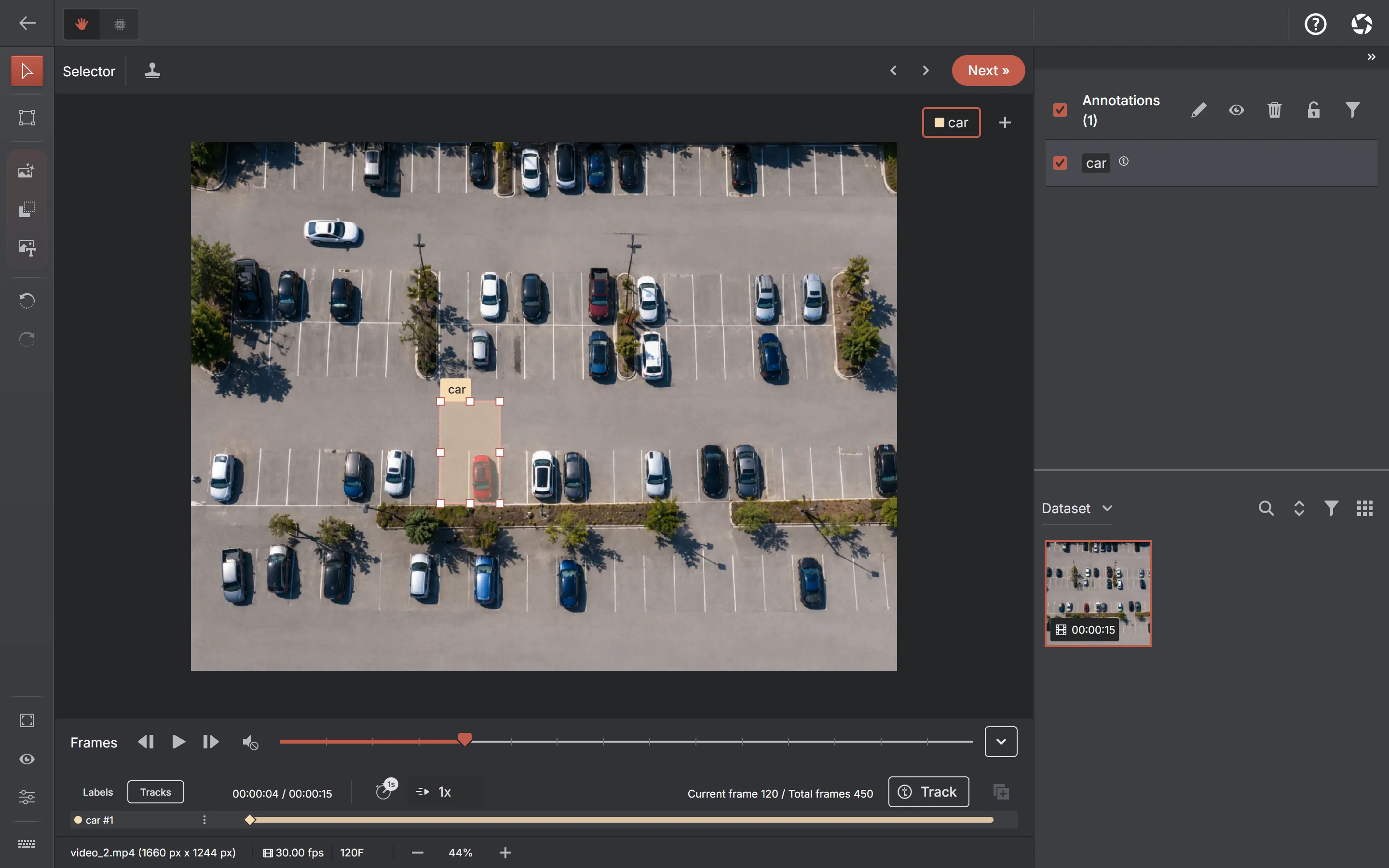 The same frame after the box has been dragged onto the car, drawn with a solid outline, with a second keyframe diamond now on the track row.