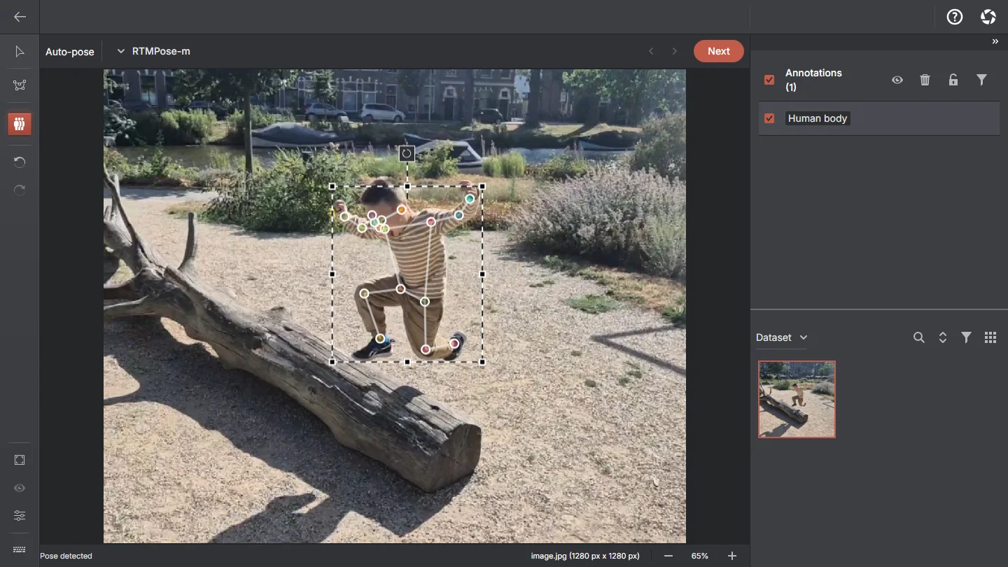 The AnnotateIt Auto-pose tool places human-pose keypoints on a real photograph of a child jumping over a log.