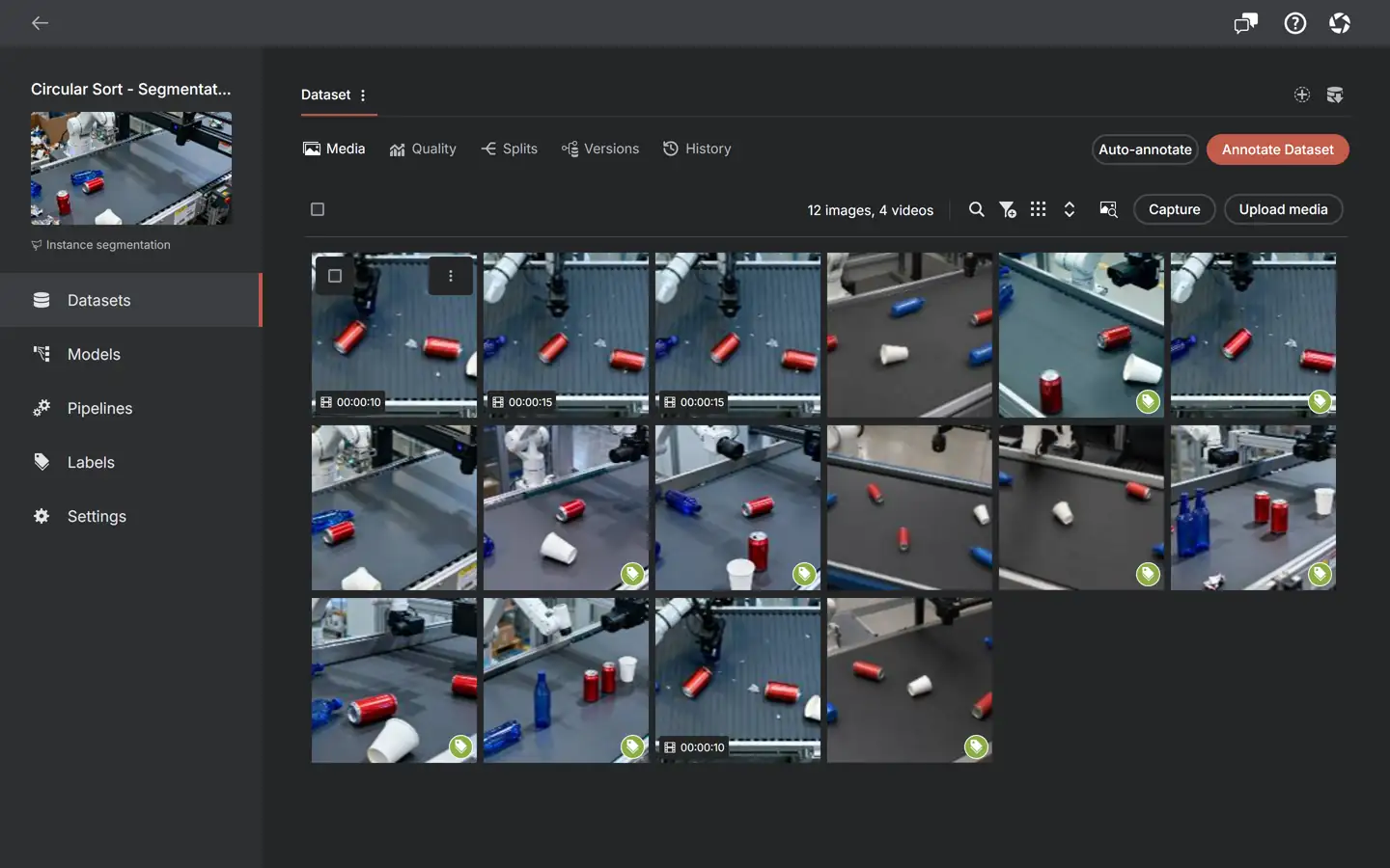 A tour of one AnnotateIt instance-segmentation project, stored locally: the dataset view, the media grid holding masked conveyor stills and videos, the Quality report, train/val/test splits, real instance masks open in the annotator, and the Models hub.