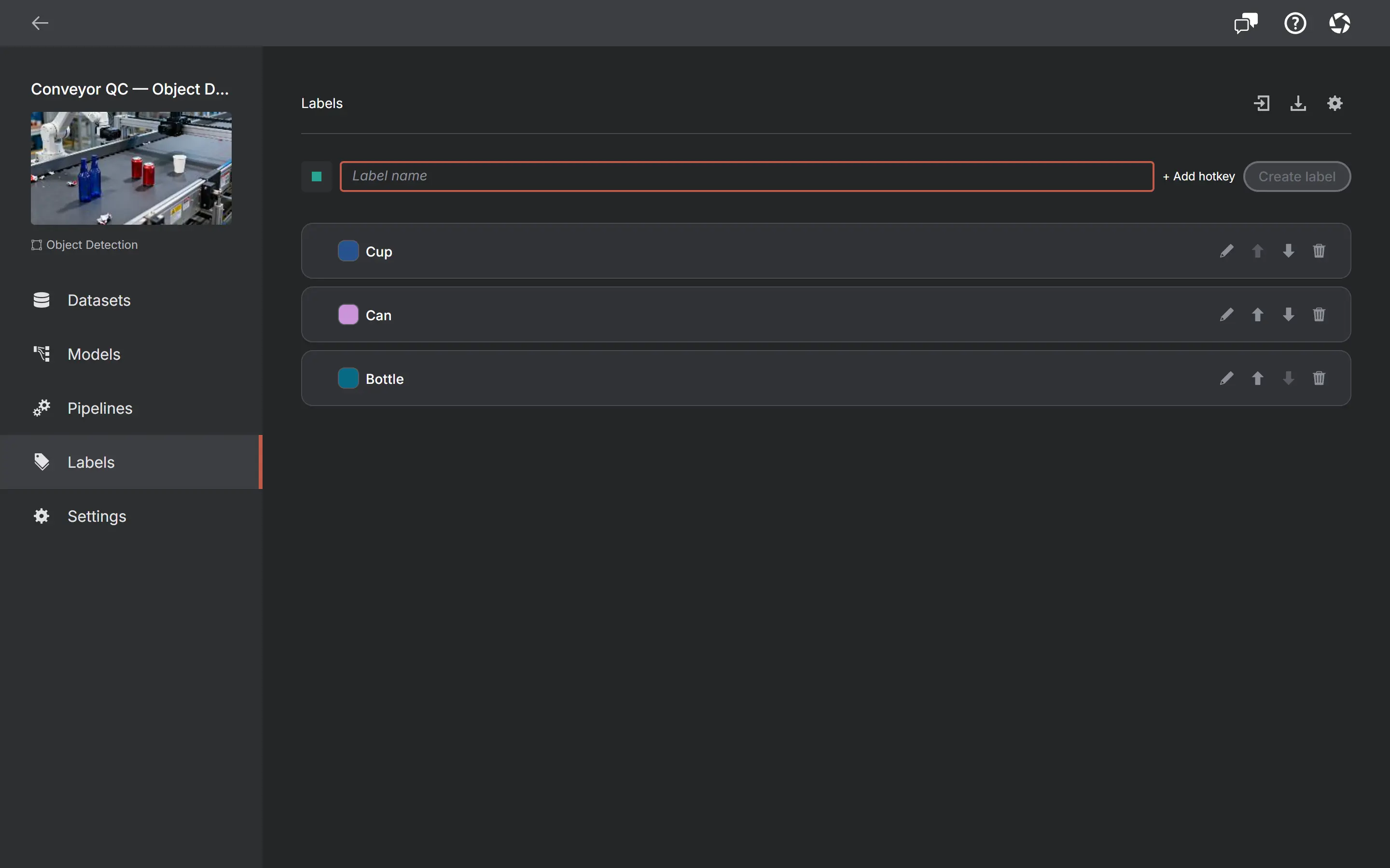 The shared AnnotateIt Labels page showing three project labels and the Import, Export and Settings actions in the header.
