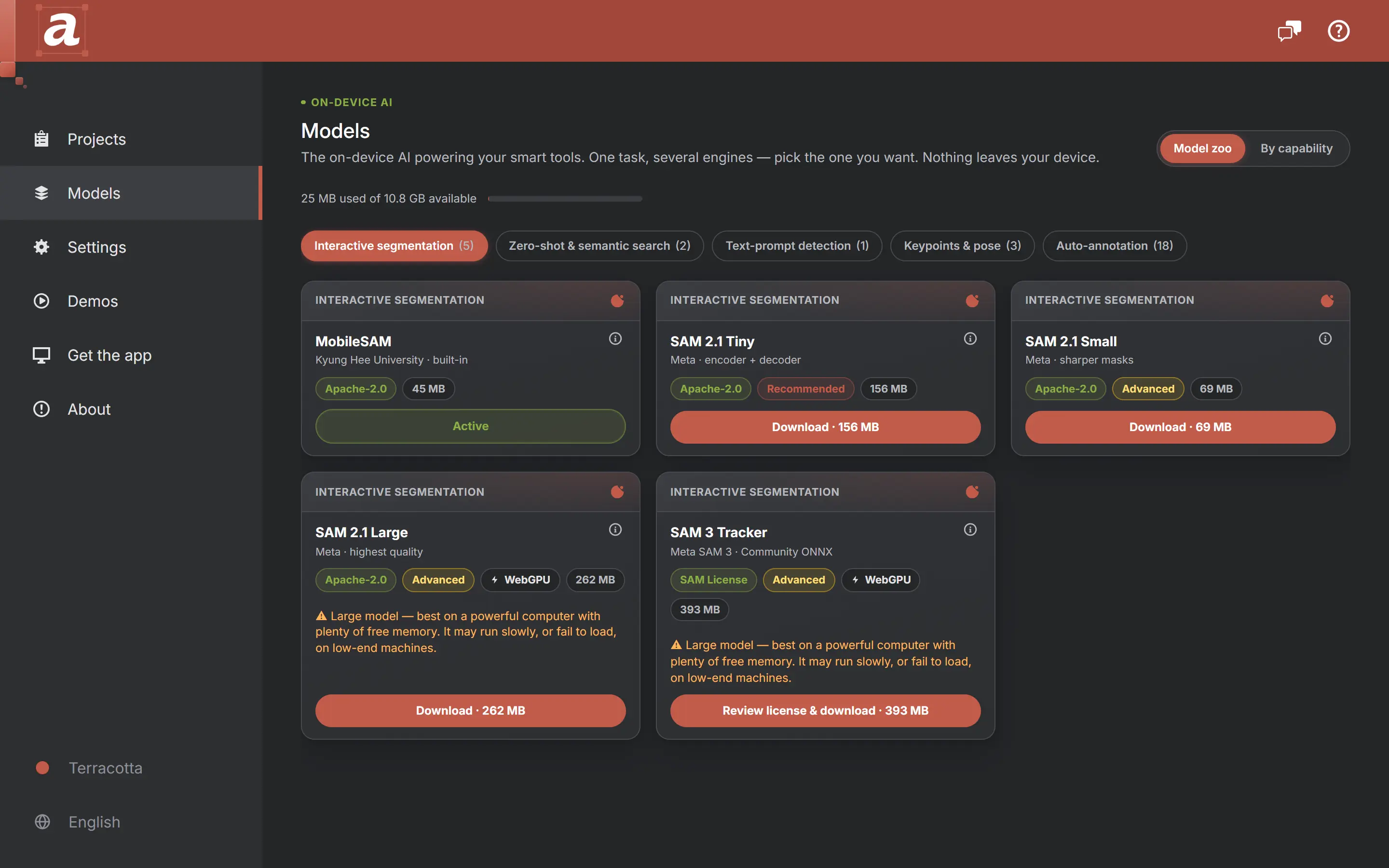 The AnnotateIt Models hub: on-device engine cards grouped into capability tabs — interactive segmentation, zero-shot, text-prompt, keypoints and an Auto-annotation family of curated detectors — each showing its licence, size and a download button.