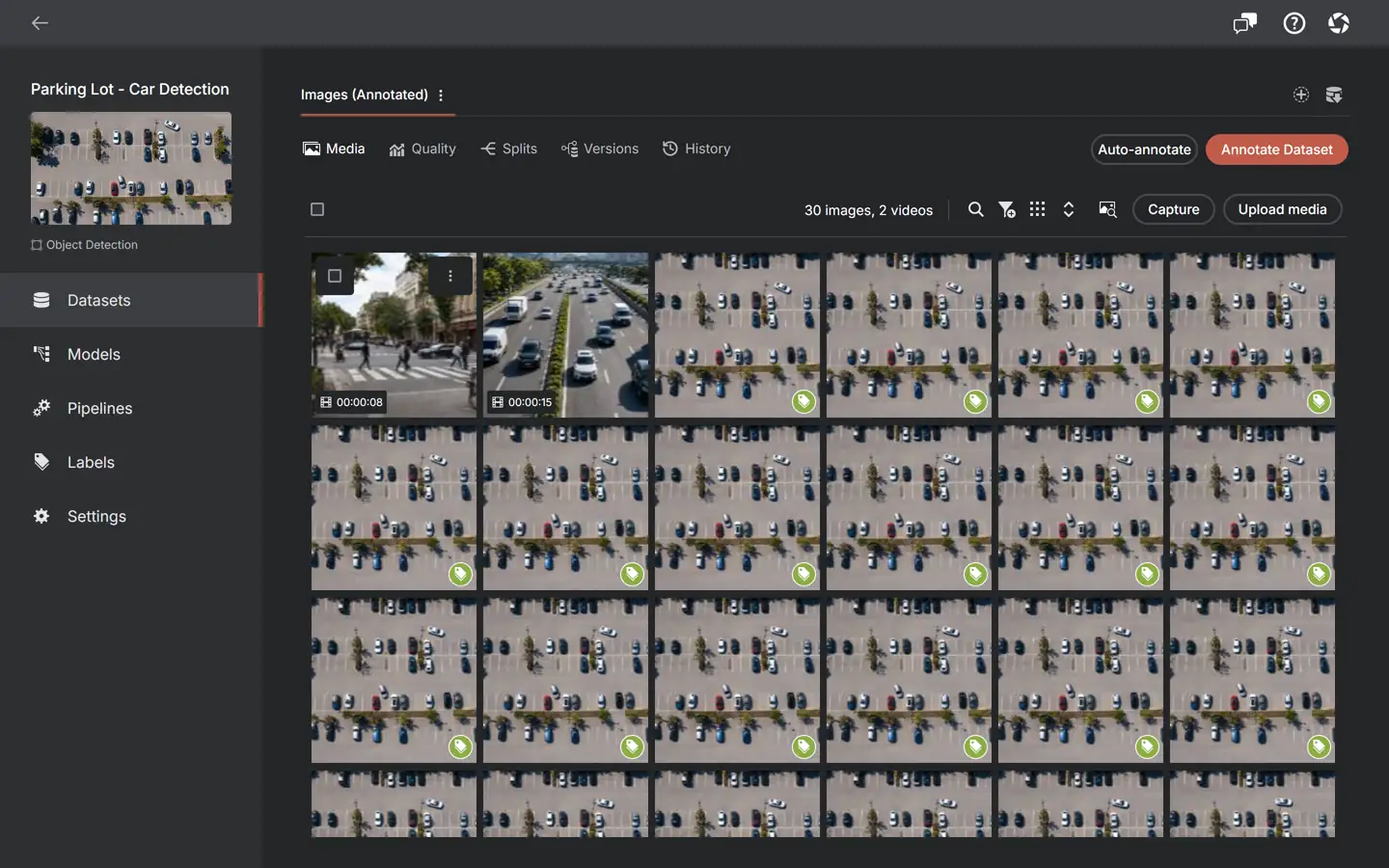 A tour of one AnnotateIt project, stored locally: the dataset view, the media grid holding annotated images and videos, the Quality report, train/val/test splits, real car boxes open in the annotator, and the Models hub.