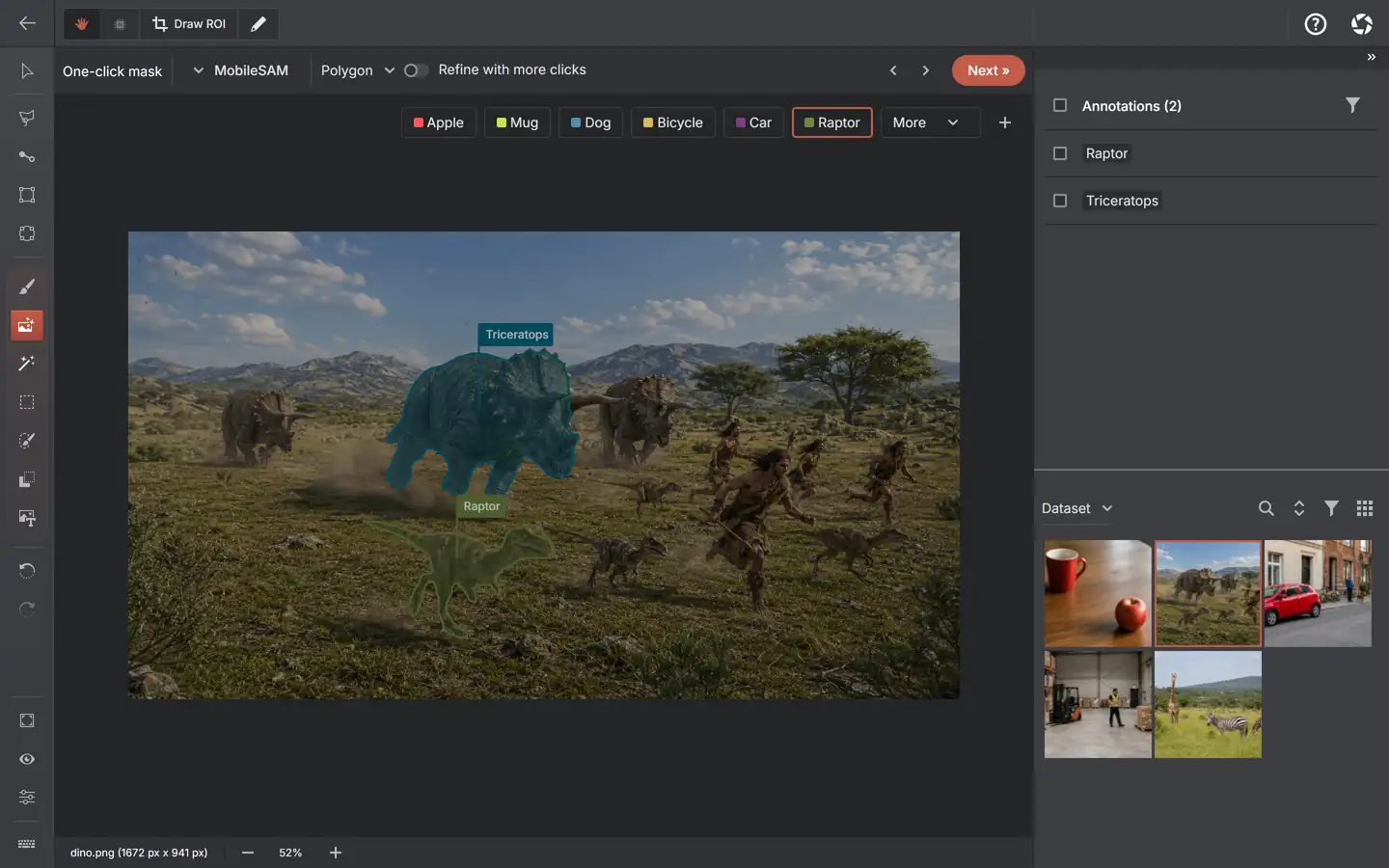 Segment Anything at work in the AnnotateIt annotator, one click per object across five different scenes: dinosaurs on a plain, a giraffe and zebras on a savanna, a forklift and worker in a warehouse, a car, bicycle and dog on a street, and a mug and apple on a table — each getting an editable labelled mask.