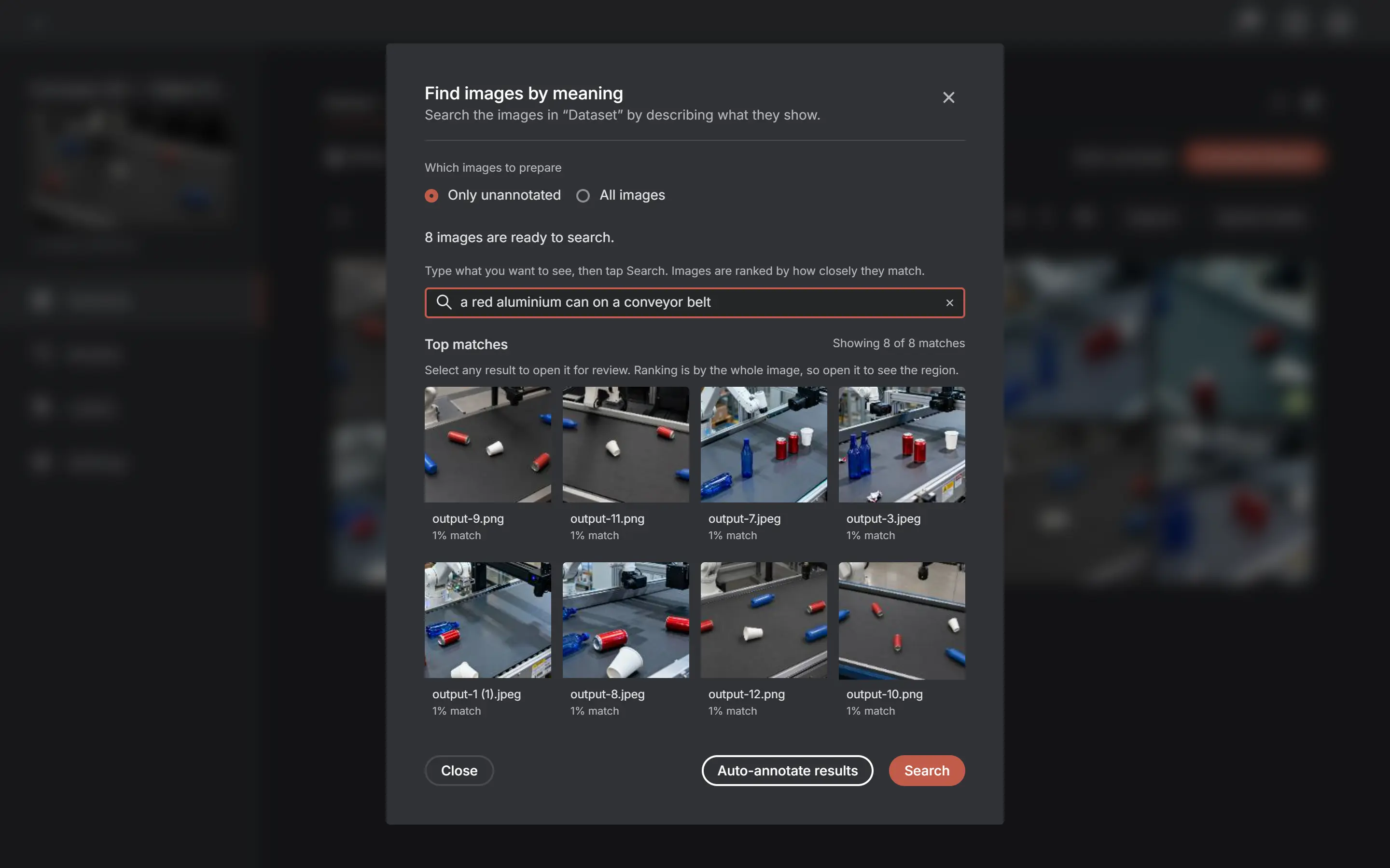 The AnnotateIt semantic search dialog: a plain-language query and a grid of ranked matching images with match percentages.