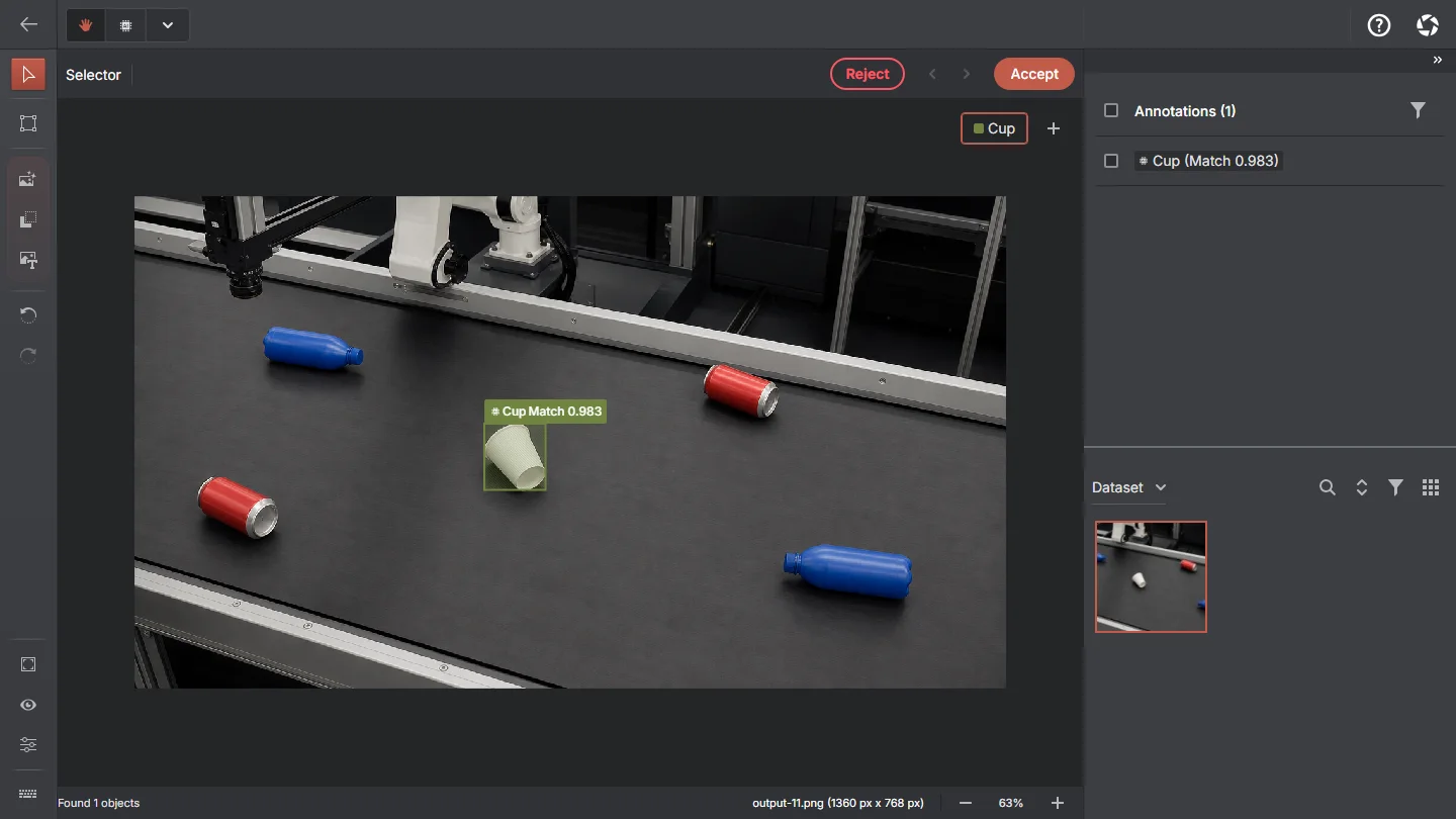 The AnnotateIt Text prompt tool finds a white paper cup on a real conveyor-belt photograph using MobileSAM and CLIP.