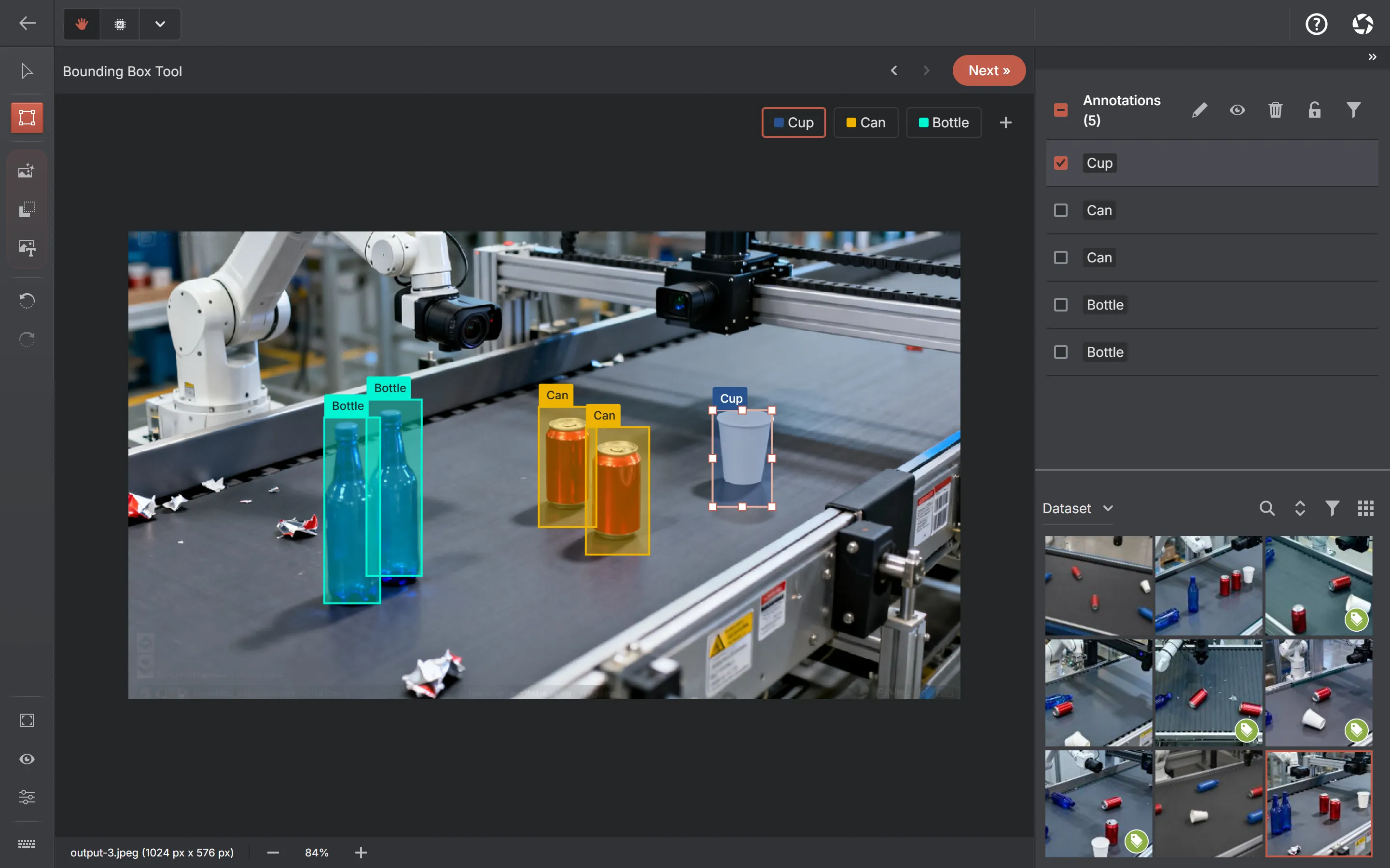 The AnnotateIt annotator with the bounding-box tool active: labelled boxes drawn over objects in a photo.