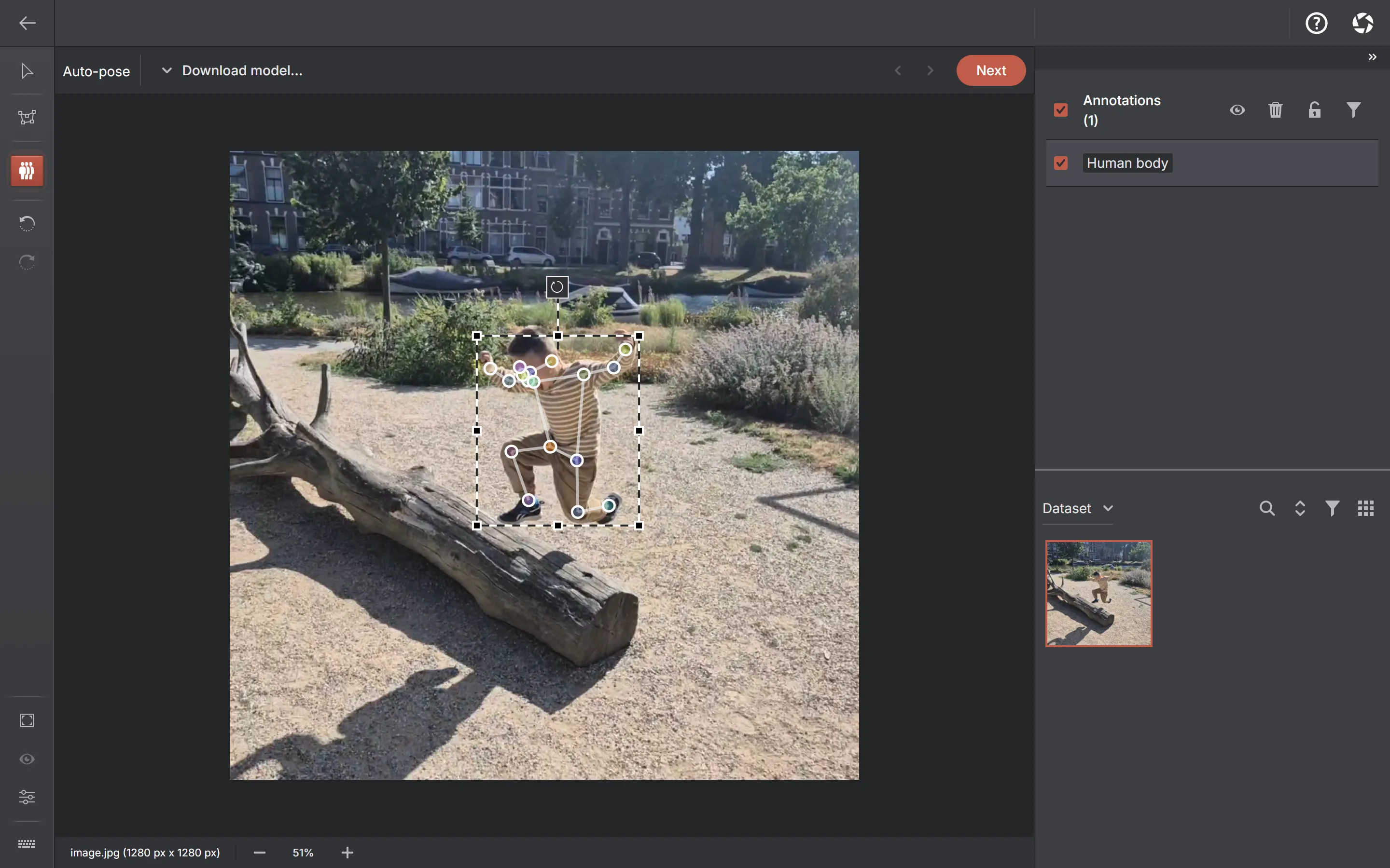 The AnnotateIt Auto-pose tool: a box drawn around a child jumping off a log in a playground, with a 17-point COCO skeleton placed over them and the joint names — ankles, knees, hips — listed in the annotations panel.