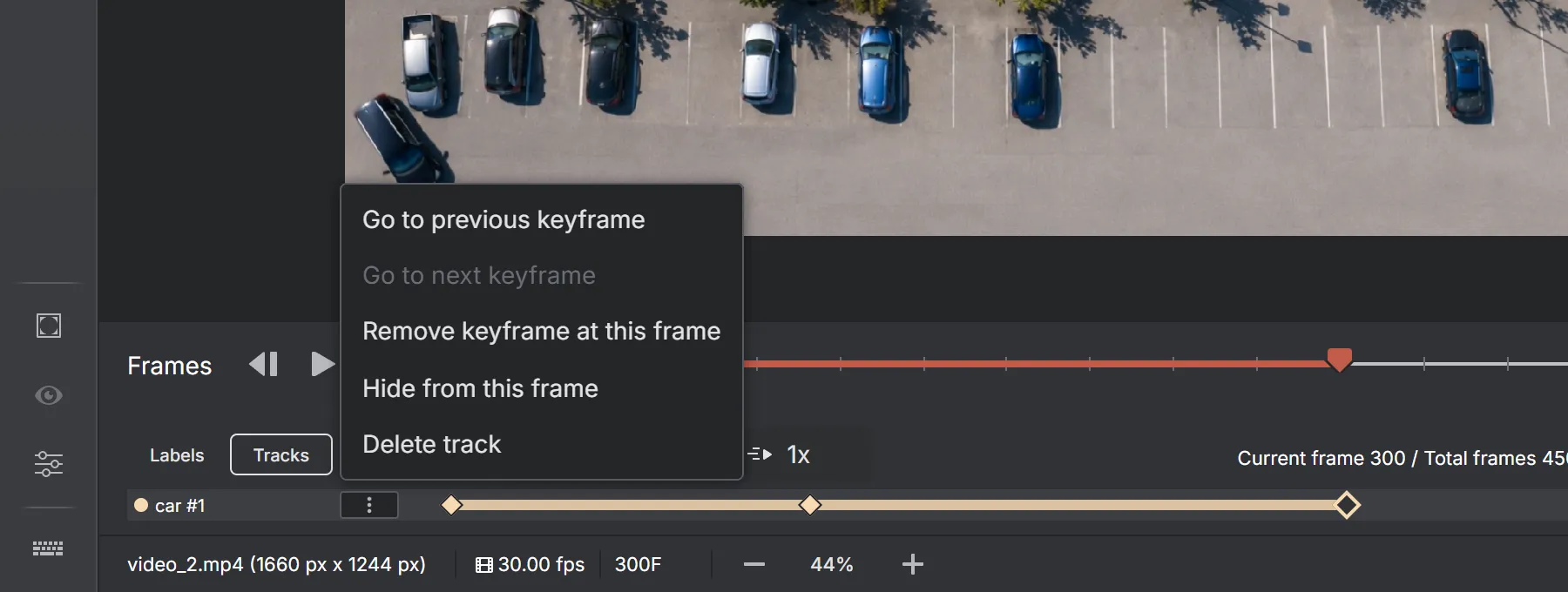 The menu on a track row, listing: go to previous keyframe, go to next keyframe, remove keyframe at this frame, hide from this frame, delete track.