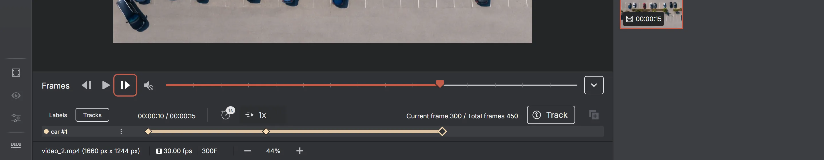 The video timeline in Tracks view: one row named car #1 with filled keyframe diamonds at the start and in the middle, and a hollow diamond where the bar ends.