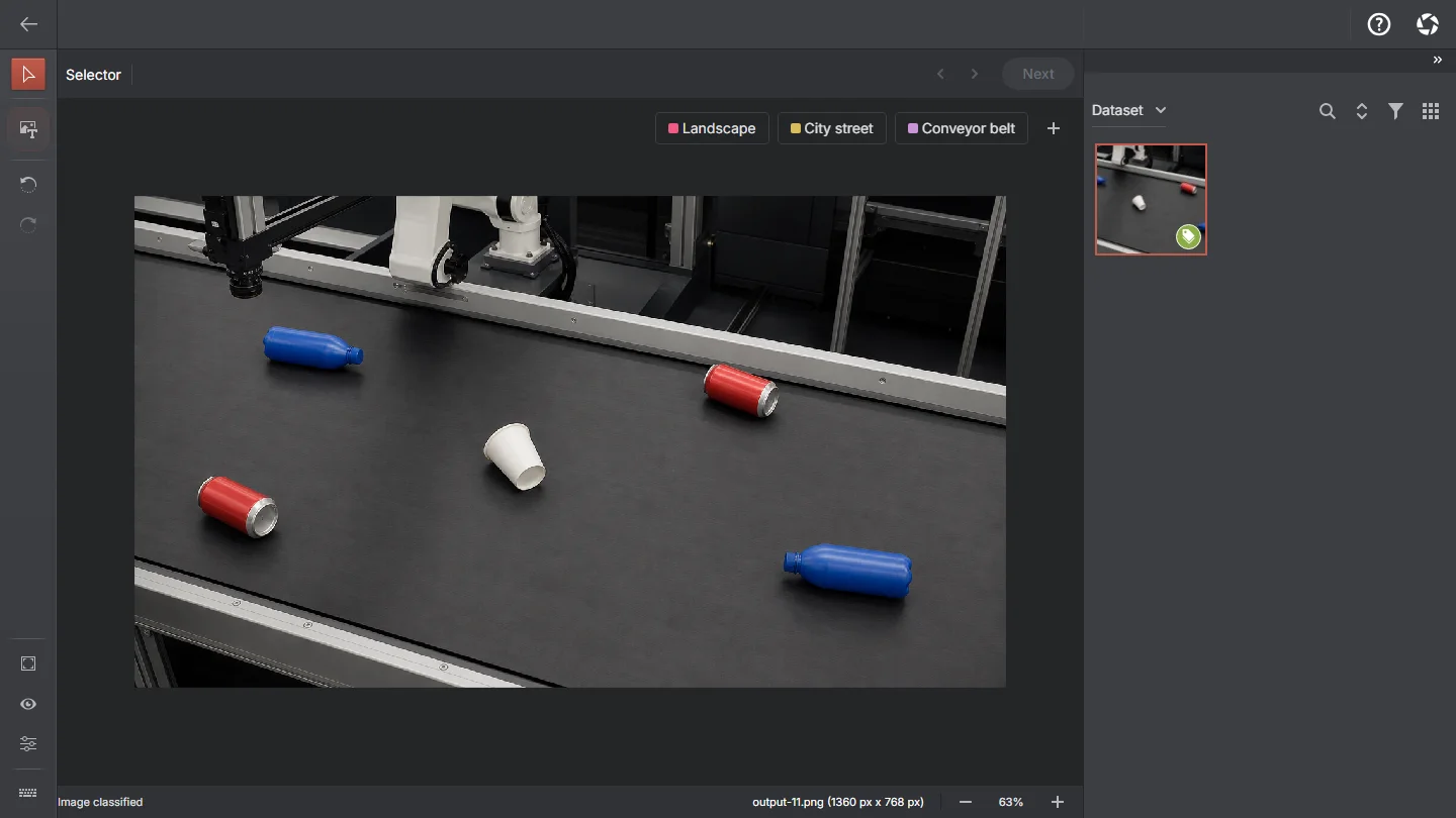 AnnotateIt classifies a real conveyor-belt photograph with CLIP, reviews the suggested Conveyor belt label, and accepts it.